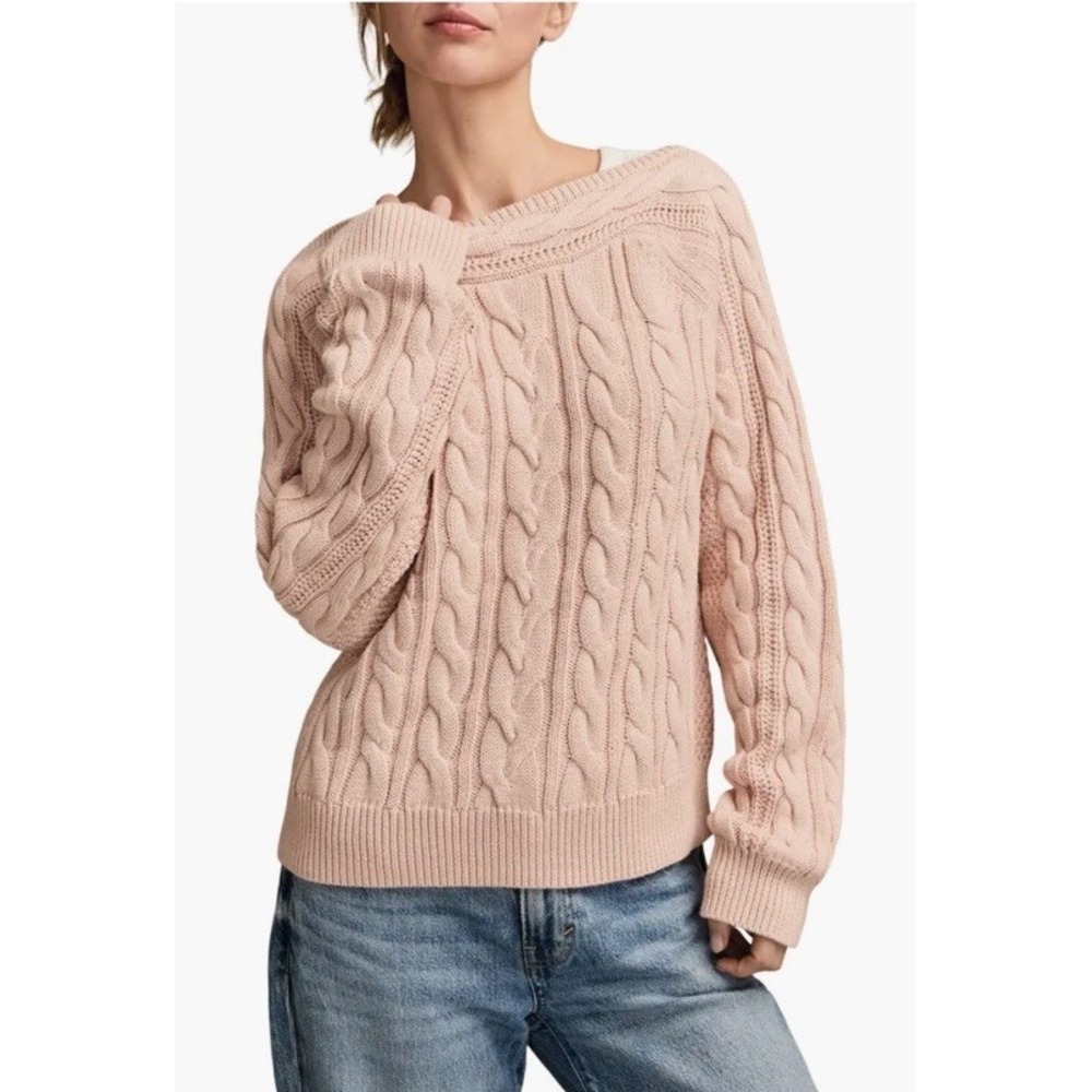 LUCKY Brand Cable Stitch Boat Neck Cotton Sweater Pink MSRP $99 NWT Size S